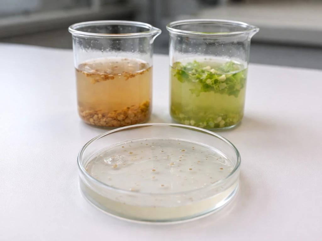 Close-up of culture dish beside wheat and lettuce infusions used as Paramecium food