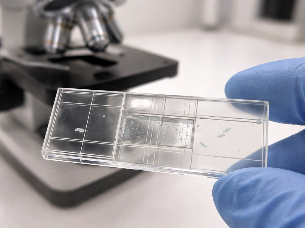 Close-up of a hemocytometer on a microscope stage with tiny motile cells in the chamber.