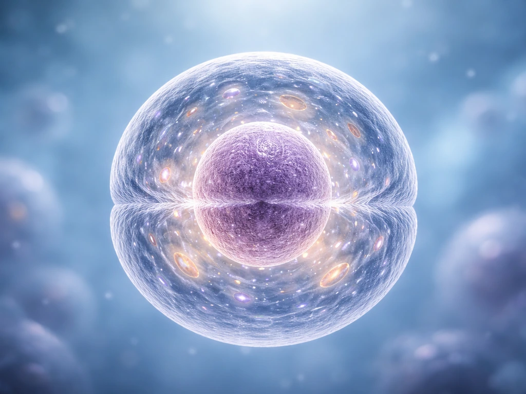 Macro view of a single animal cell with nucleus and internal growth cues preparing to divide