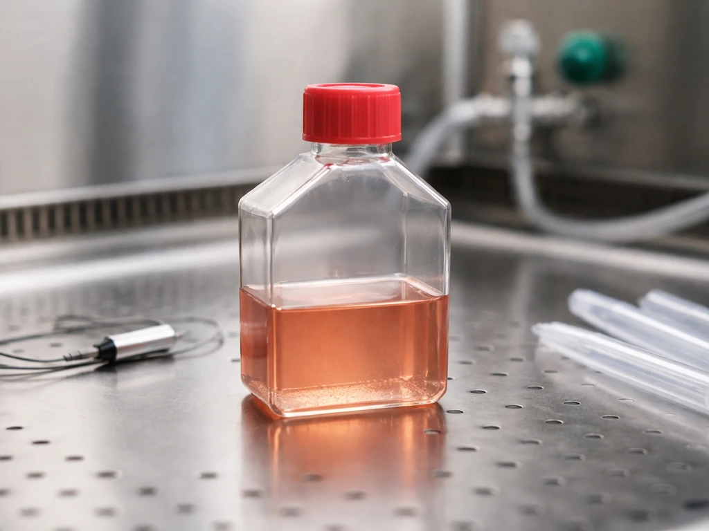 Close-up of a cell culture flask in a lab with visible media and controlled-condition setup nearby