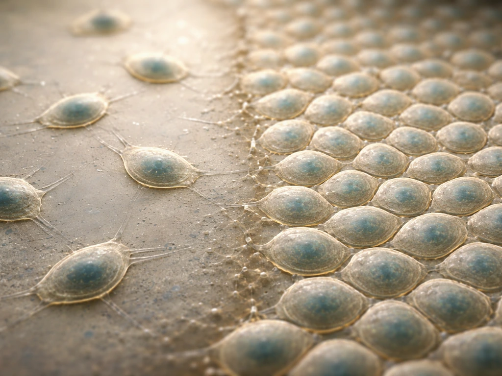 Microscope view of sparse versus crowded epithelial cells with tight cell-cell contacts halting growth