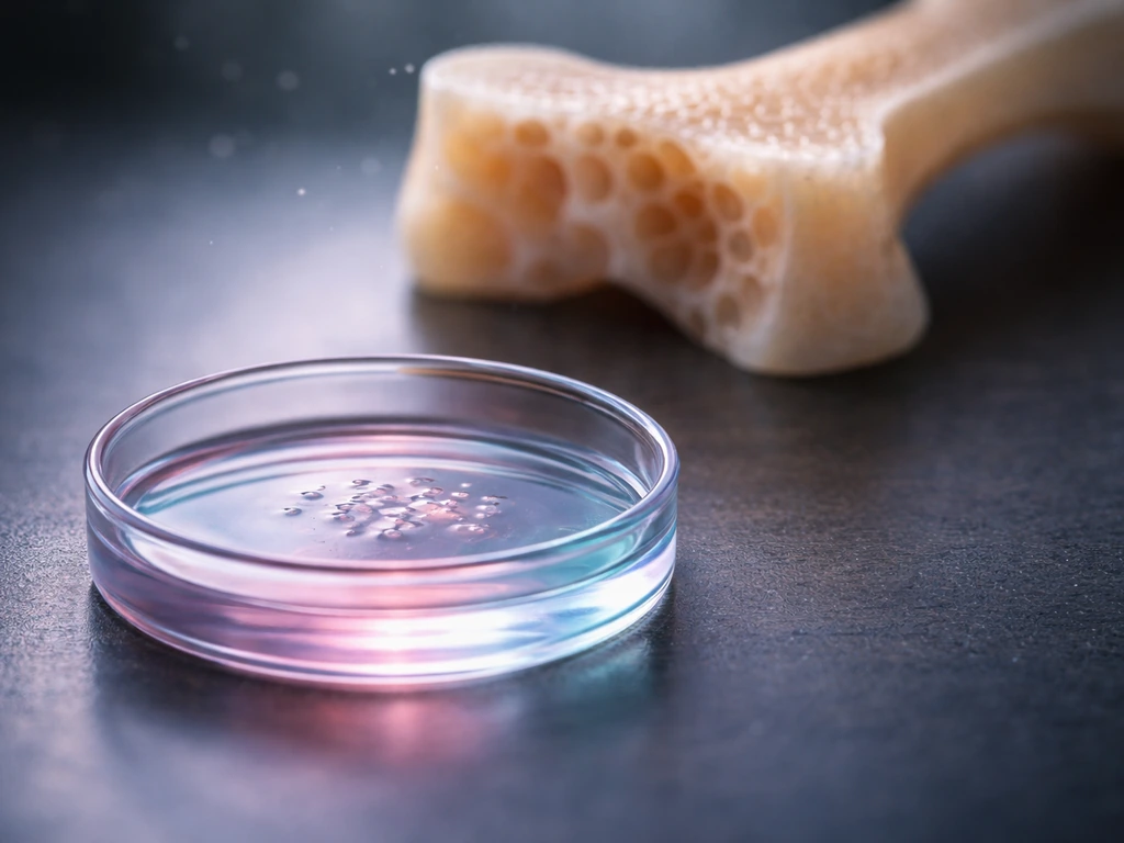 Lab dish with subtle bone model blur, suggesting stem-cell to mineralized bone progression through lighting cues.