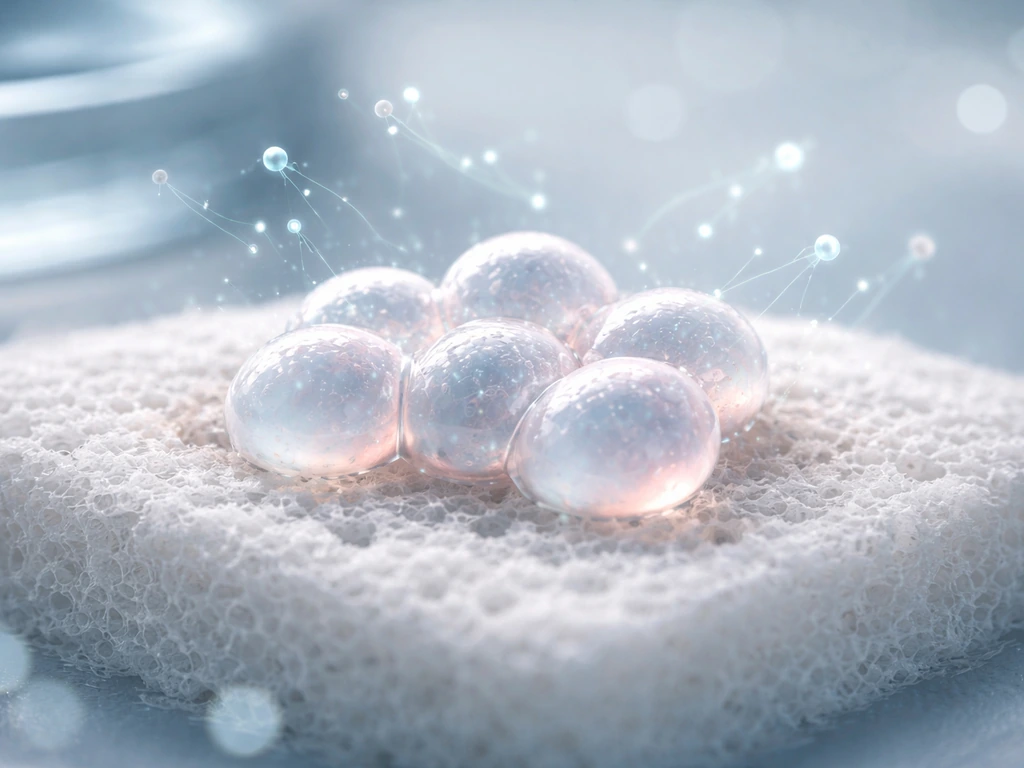 Close-up of cultured cells on a porous scaffold with subtle glowing molecular signals approaching them.