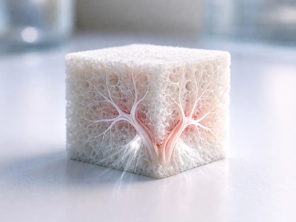 Porous engineered bone scaffold with branching microvessel channels penetrating to suggest oxygen delivery.