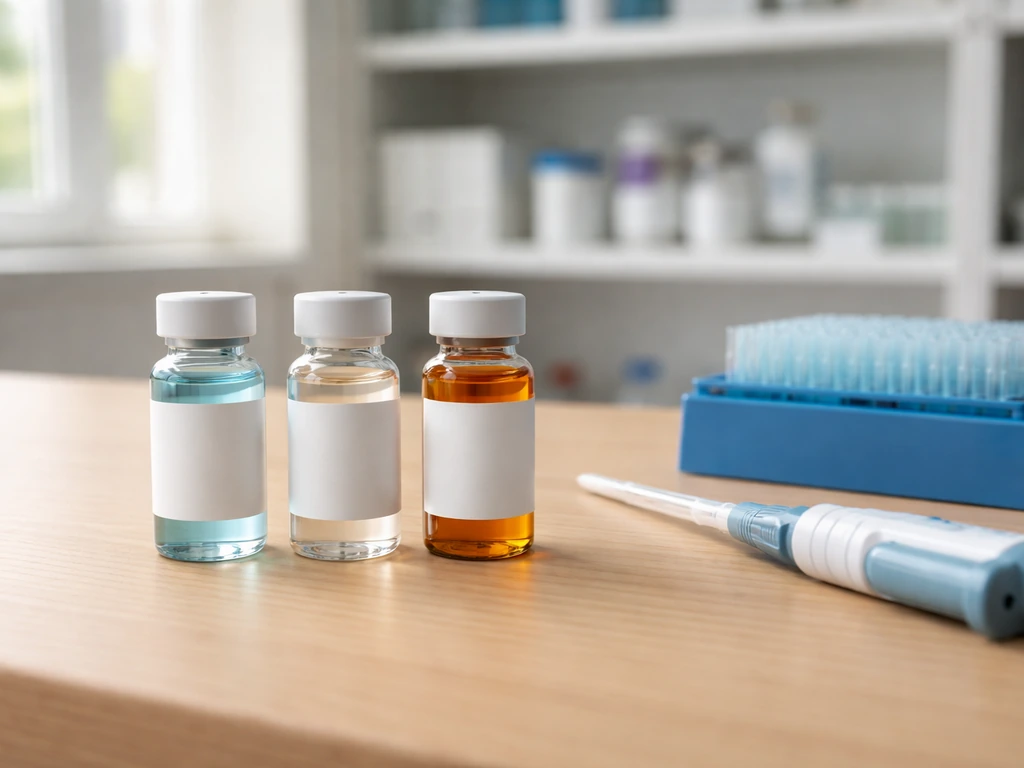 Minimal lab desk with three unlabeled glass vials arranged left to right under natural light.