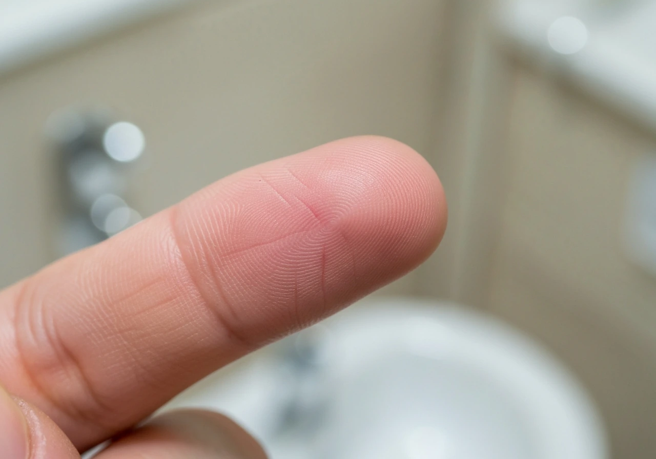 Close-up of a healed fingertip wound with faint redness, showing skin regeneration in a calm minimal scene.