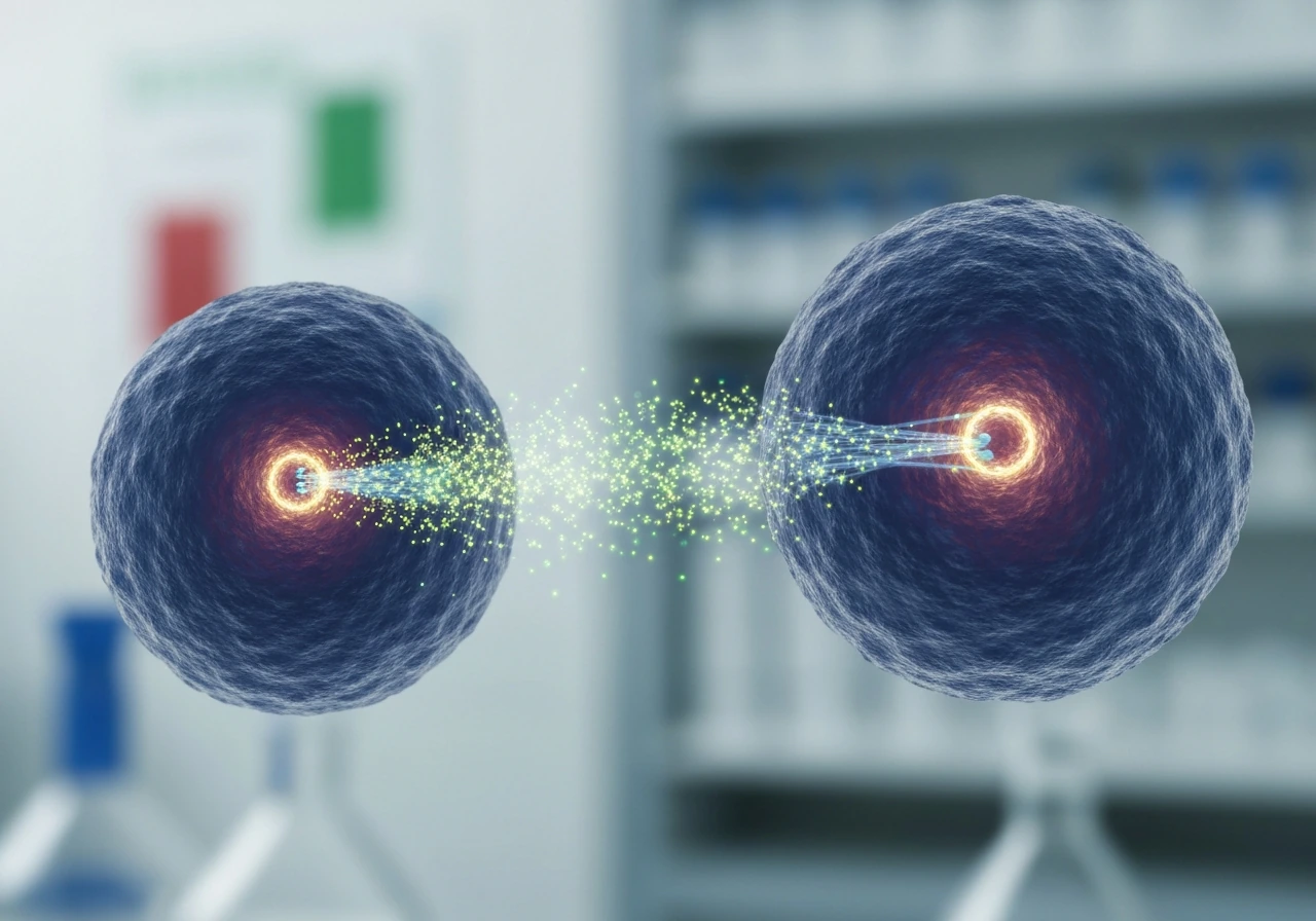 Fluorescent particles flow from one cell to another, suggesting internal signaling pathways to division.