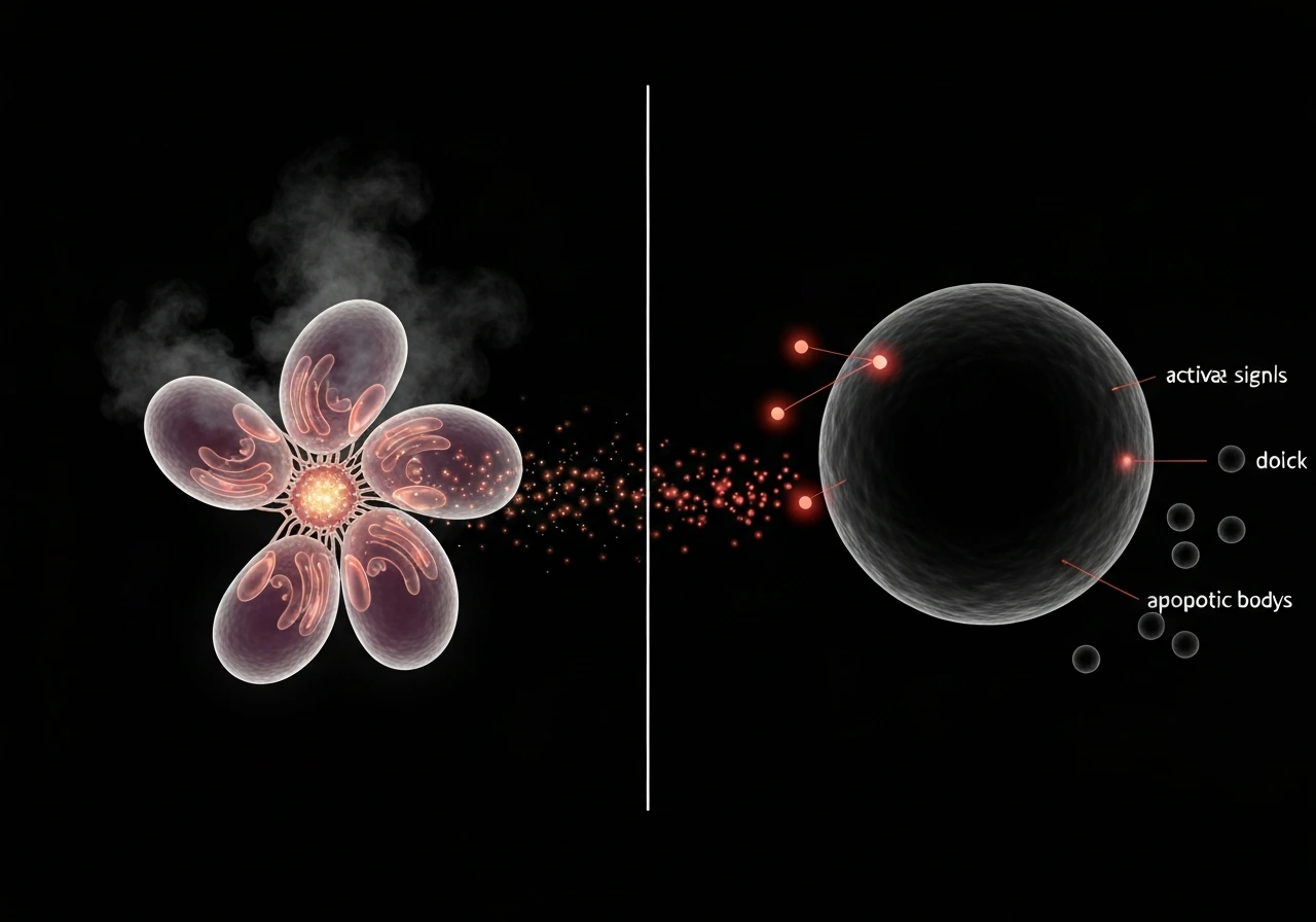 Anonymous cell showing intrinsic mitochondria stress and extrinsic death-receptor docking leading to orderly fragmentati