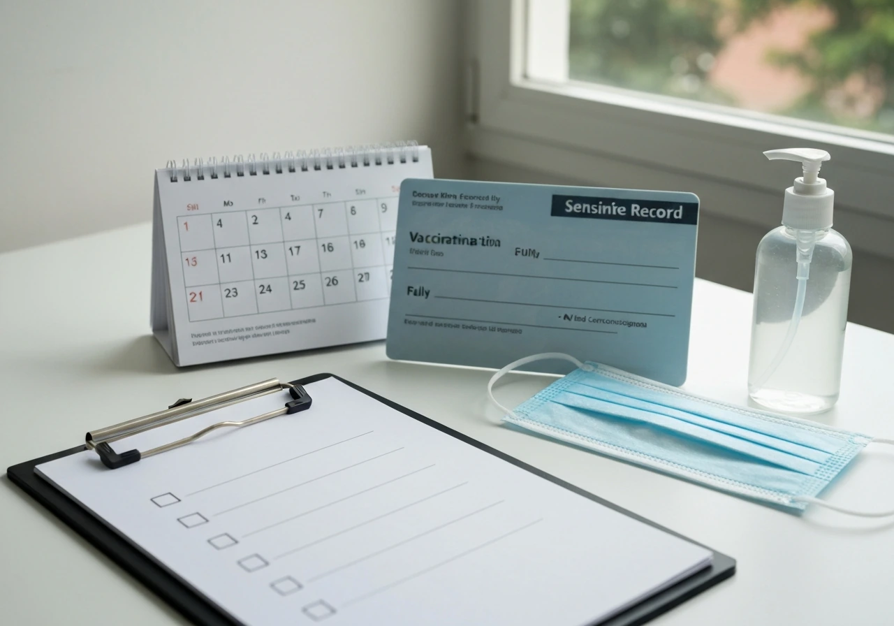 Minimal desk scene with a blank checklist, calendar page, vaccination card, and mask/sanitizer items.