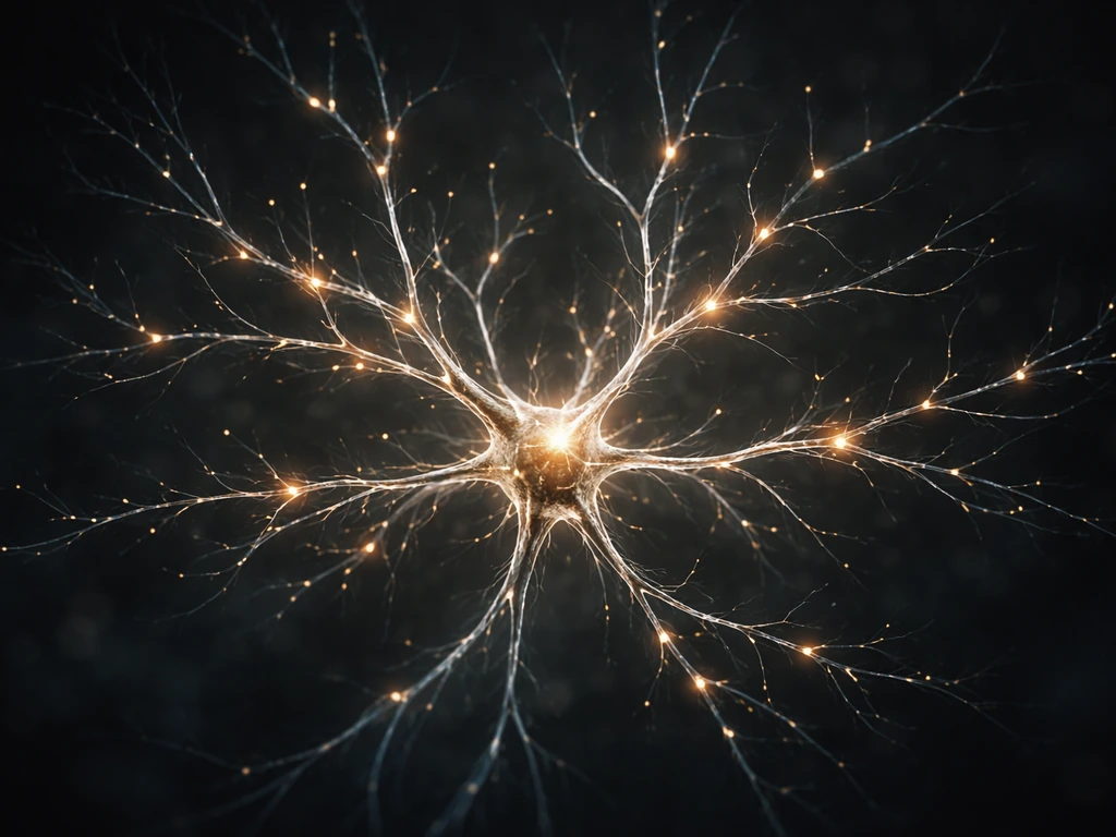 Realistic neuron with glowing, richly branching dendrites receiving incoming synaptic signals in a dark minimal backgrou