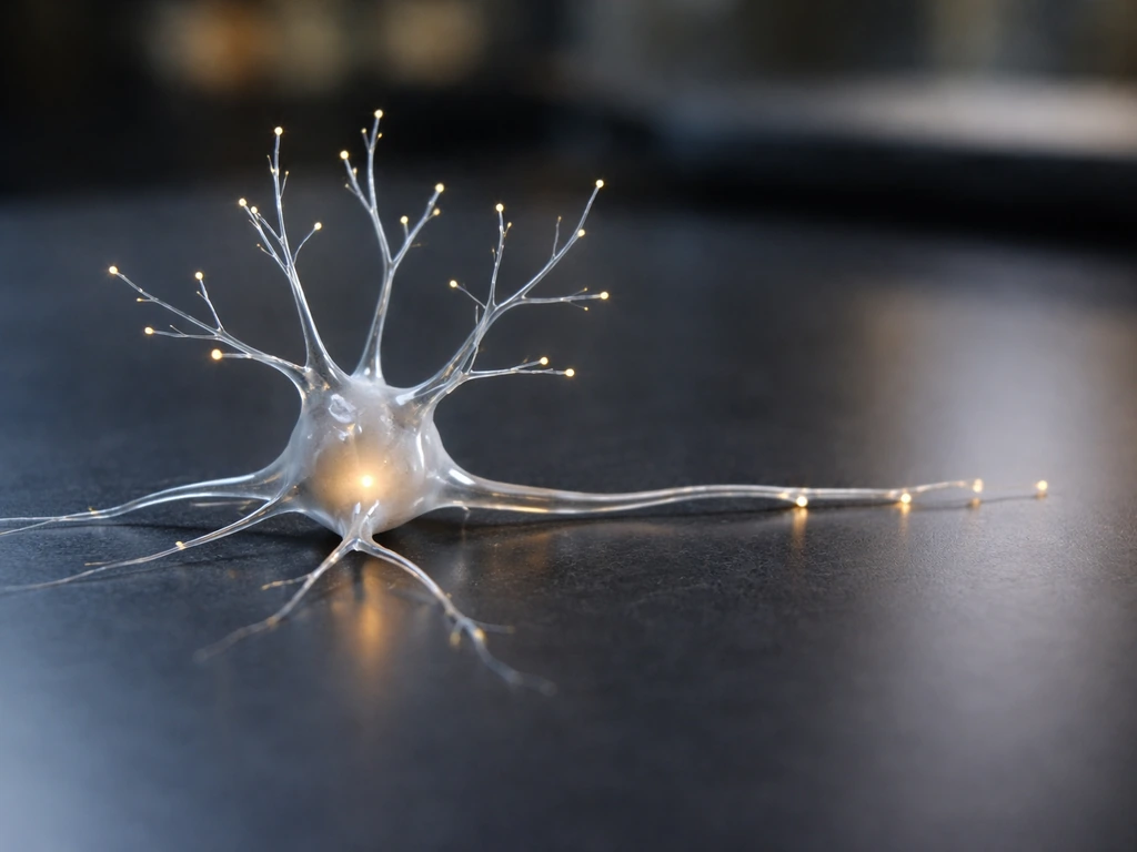 Macro photo of a neuron model showing soma, branching dendrites, and synapse-like contacts on dendrites