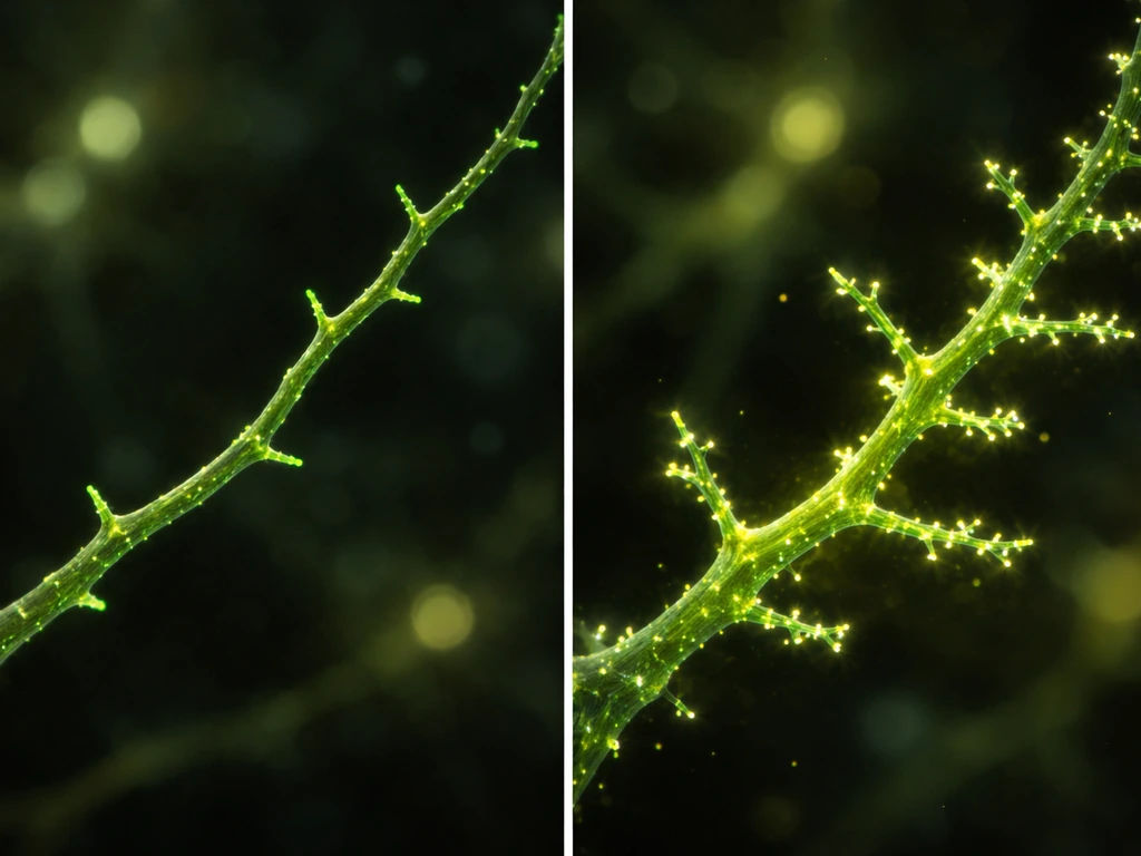 Split image showing neuron dendrite before vs after repeated synaptic activation with increased spines.