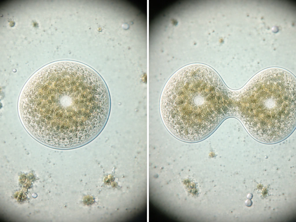 Microscope view of an amoeba dividing into two daughter cells