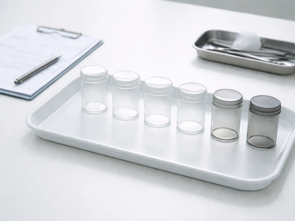 Sterile exam tray with gradient of empty specimen jars suggesting early-to-late postmortem changes.