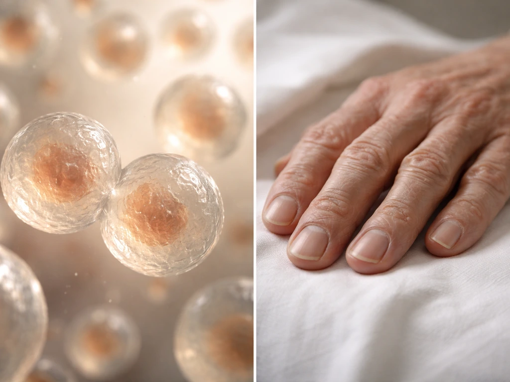 Split close-up: dividing cells on one side, dehydrated skin and nails on the other, no text.