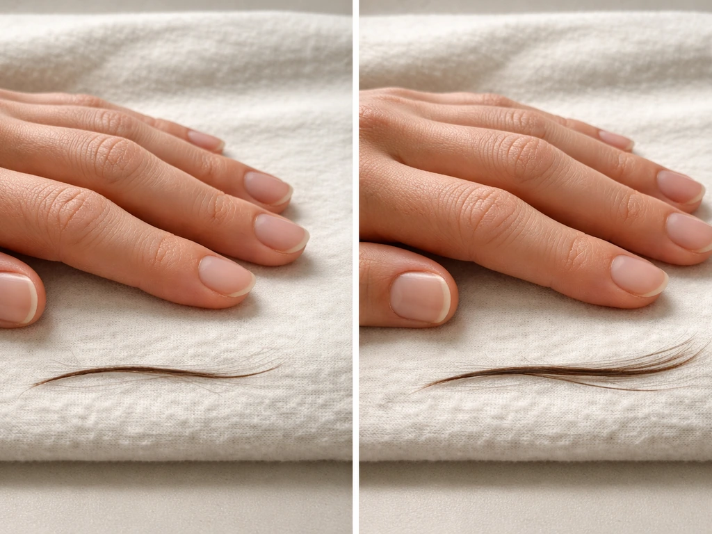 Close-up of bare fingers and nails beside a small lock of hair, showing longer appearance before and after