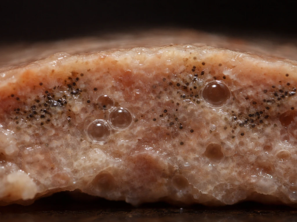 Minimal close-up of a dark, moist organ-like cross-section with subtle microbe-like specks and faint gas bubbles.