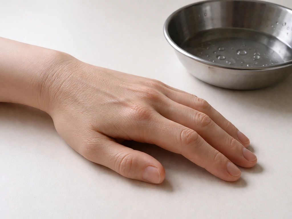 Close-up of an anonymous mannequin hand with tightened, retracted skin and remaining surface droplets.
