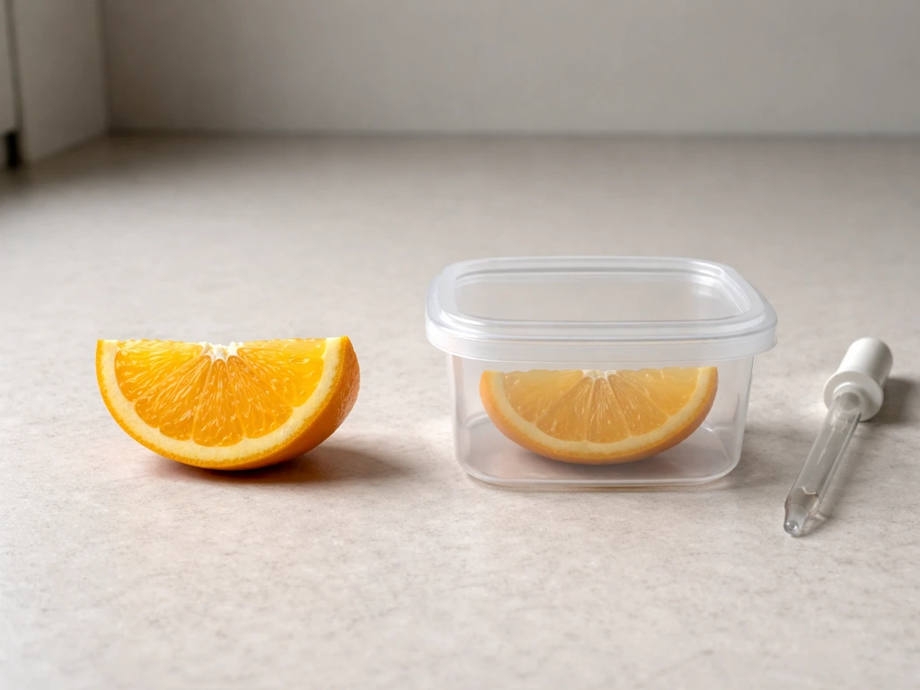 Two fruit samples on a plain table: fresh on one side, passively discolored in a sealed container on the other.