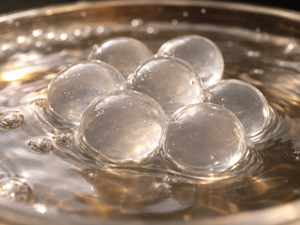 Macro view of swollen translucent gel balls floating in clear warm water with gentle highlights