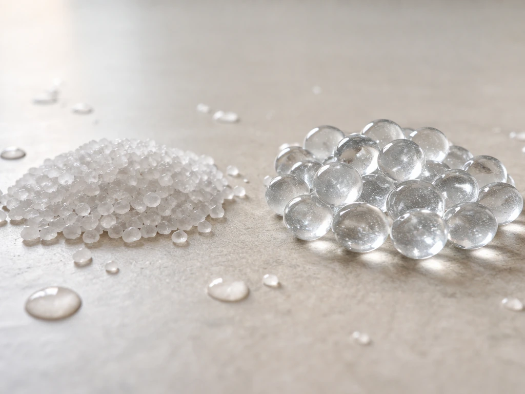Close-up of tiny dry gel pellets beside swollen hydrated gel beads showing growth by water absorption.
