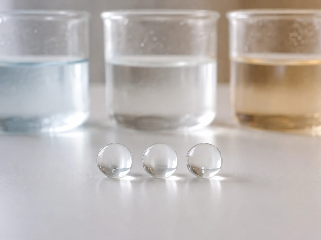Three translucent hydrogel beads beside three lightly tinted beakers, showing similar final diameters after soaking.