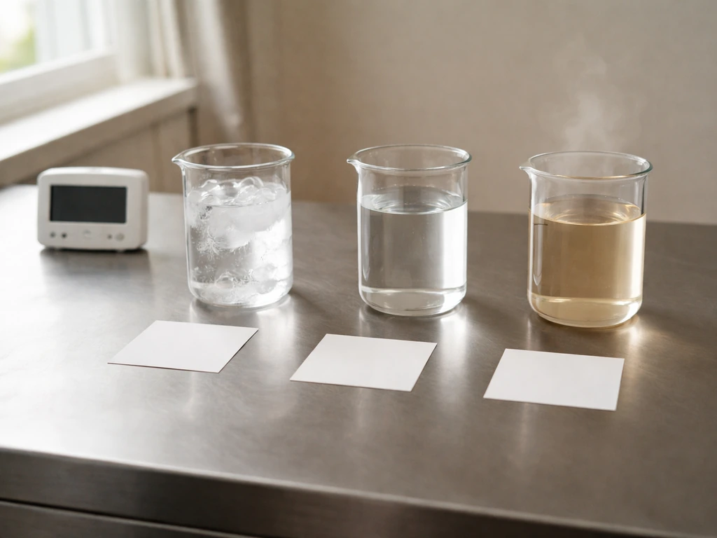 Minimal tabletop scene with three water-temperature beakers and an unlit timer for safe temp ranges.