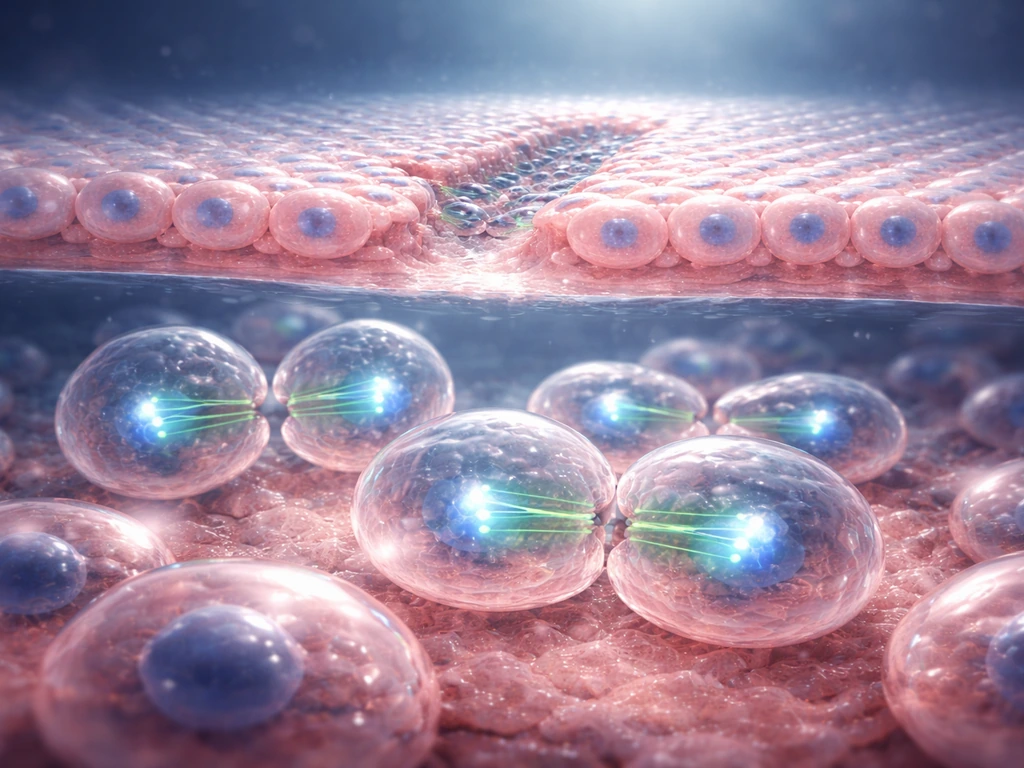 Layered view of dividing cells, forming tissue, and a small wound healing in a minimalist scientific scene.