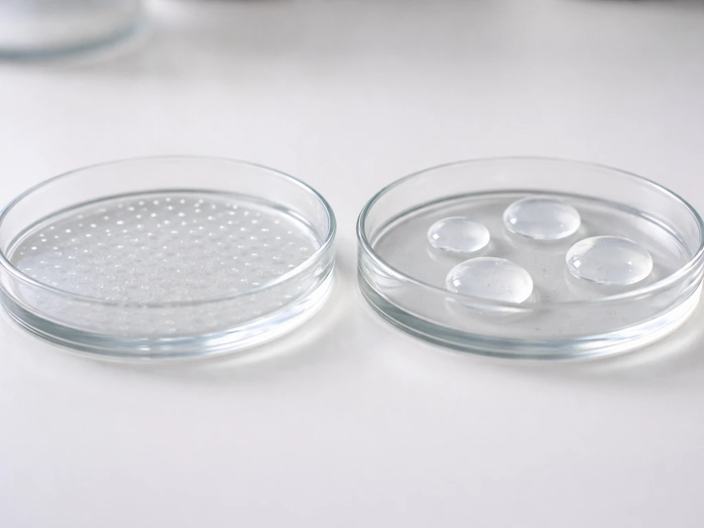 Minimal photo showing two neighboring lab Petri dishes representing cell proliferation and cell growth by size.