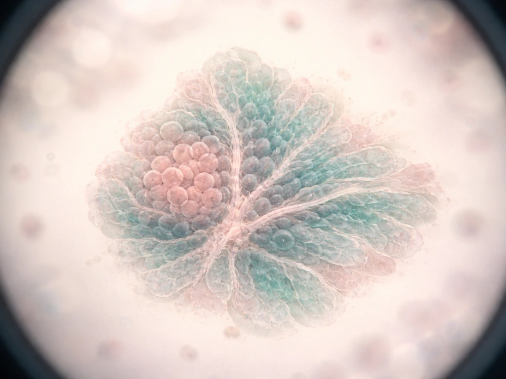 Microscope view of a cell cluster differentiating into layered, structured tissue pattern.