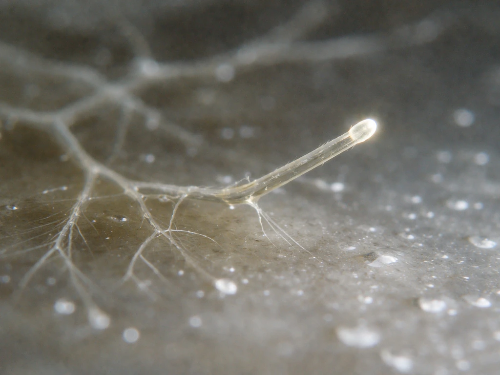 Microscope-like view of a hyphae tip extending and branching through moist agar with shallow depth of field.