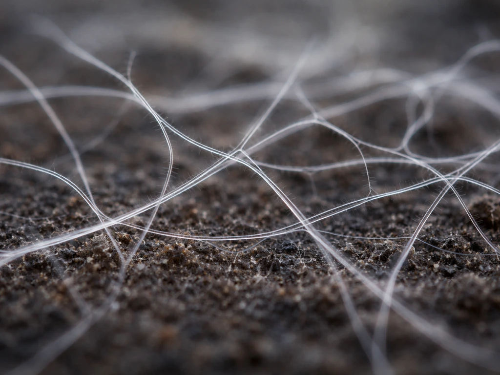 Macro close-up of thin branching fungal hyphae on a dark blurred background.