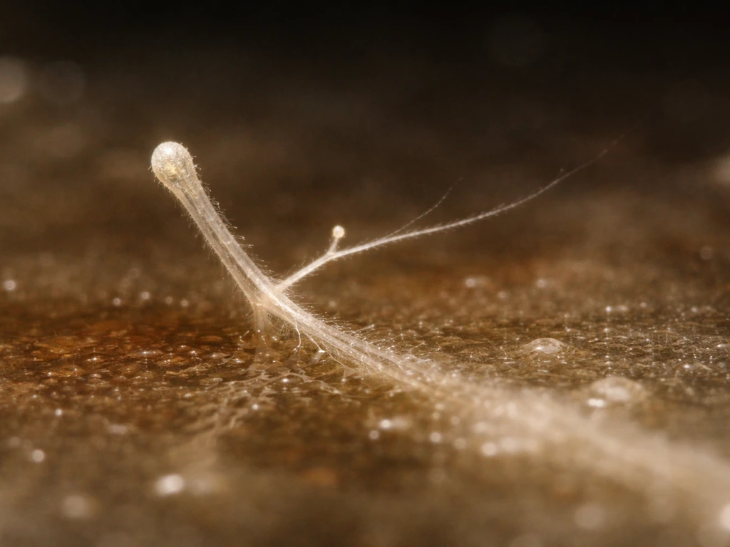 Macro view of a fungal hypha tip growing forward and branching into a new filament.
