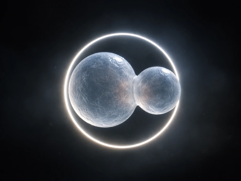Single cell-like sphere paused at a glowing checkpoint gate before splitting into two smaller spheres