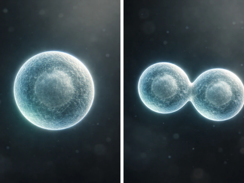 Minimal photo-style split scene showing one cell larger on one side and dividing into two cells on the other.
