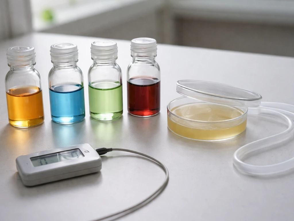 Minimal lab bench scene with nutrient bottles and a small incubator setup showing growth conditions.