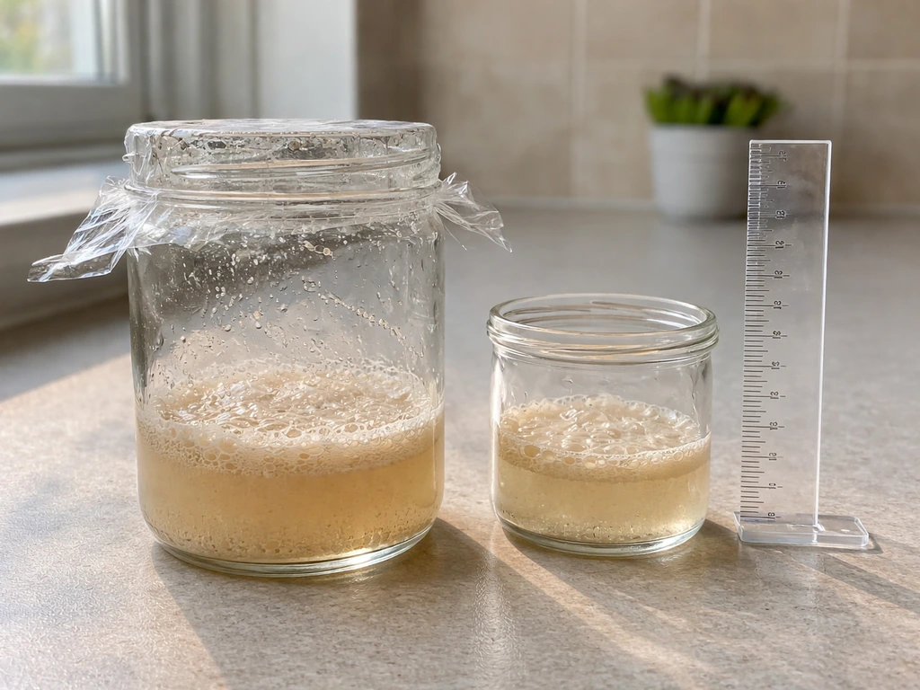 Minimal at-home setup with clear containers of yeast solution showing visible bubbling in natural light.