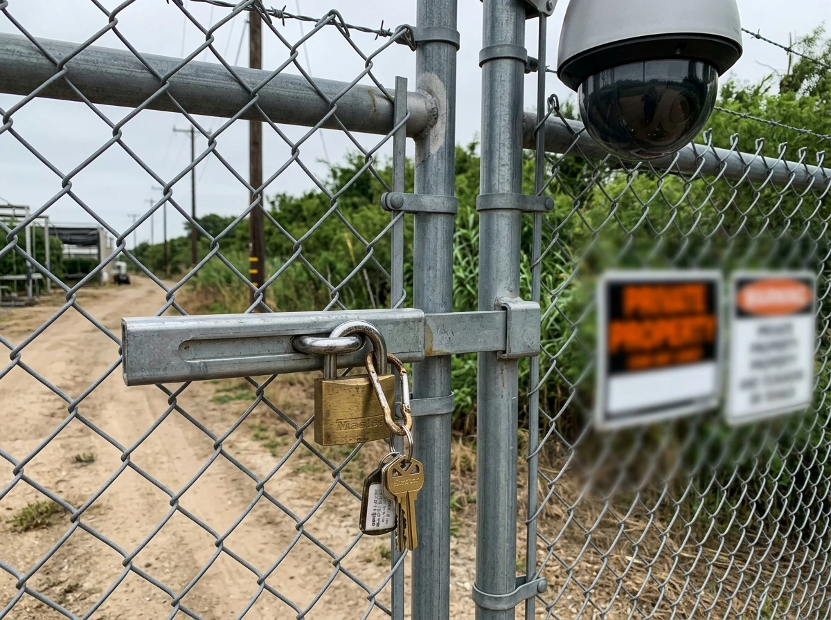 Locked perimeter gate and security details showing the legal baseline for cultivation in the UK.