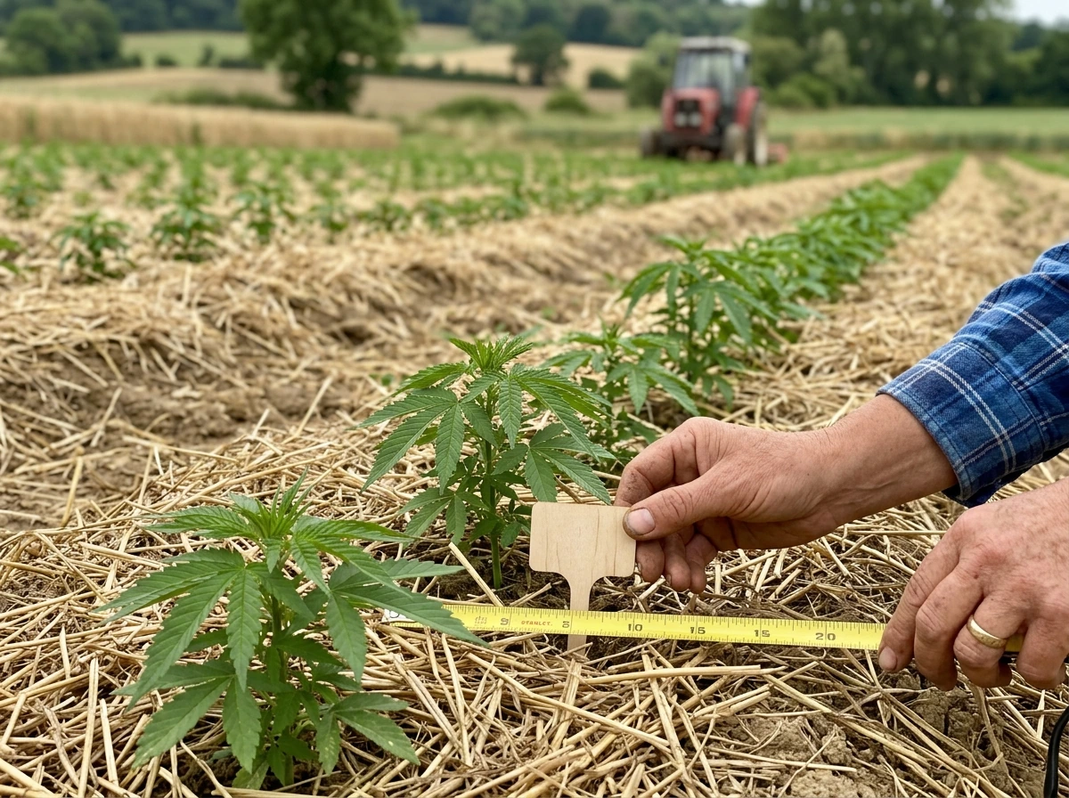 Uniform low-THC-style hemp field rows with measuring tape and plant tag.