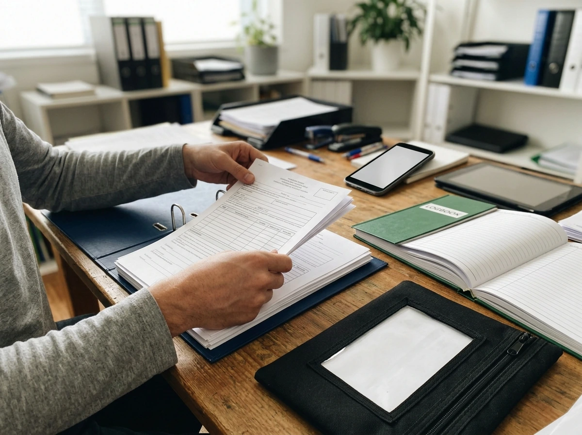 Hands organizing blank licence and compliance paperwork for cannabis cultivation.