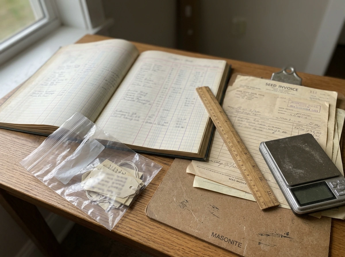 Close-up of cultivation record-keeping ledger, invoices, and sample tags.