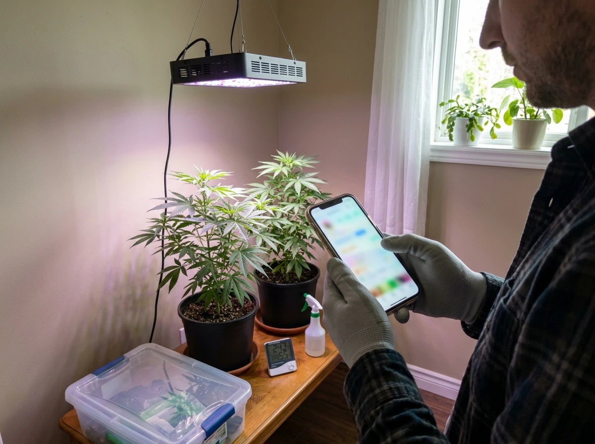 Home grow legality varies by state; person checking state cannabis rules near grow setup
