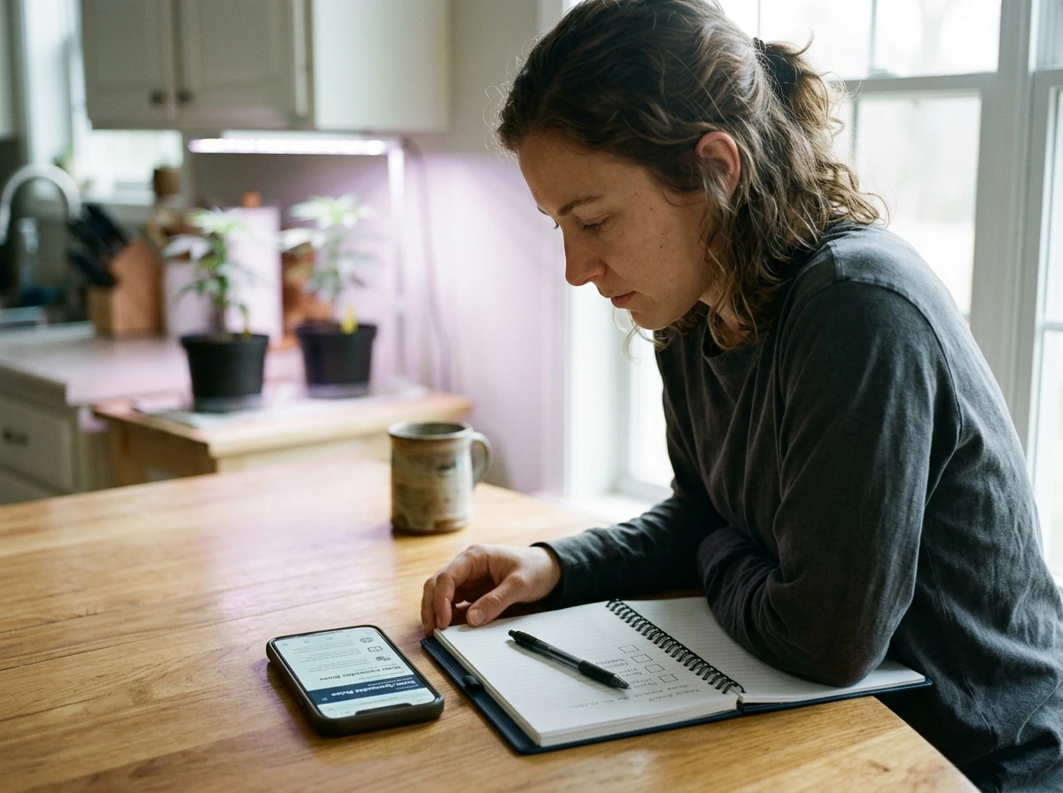 Person checking state cannabis rules next to small home grow plants
