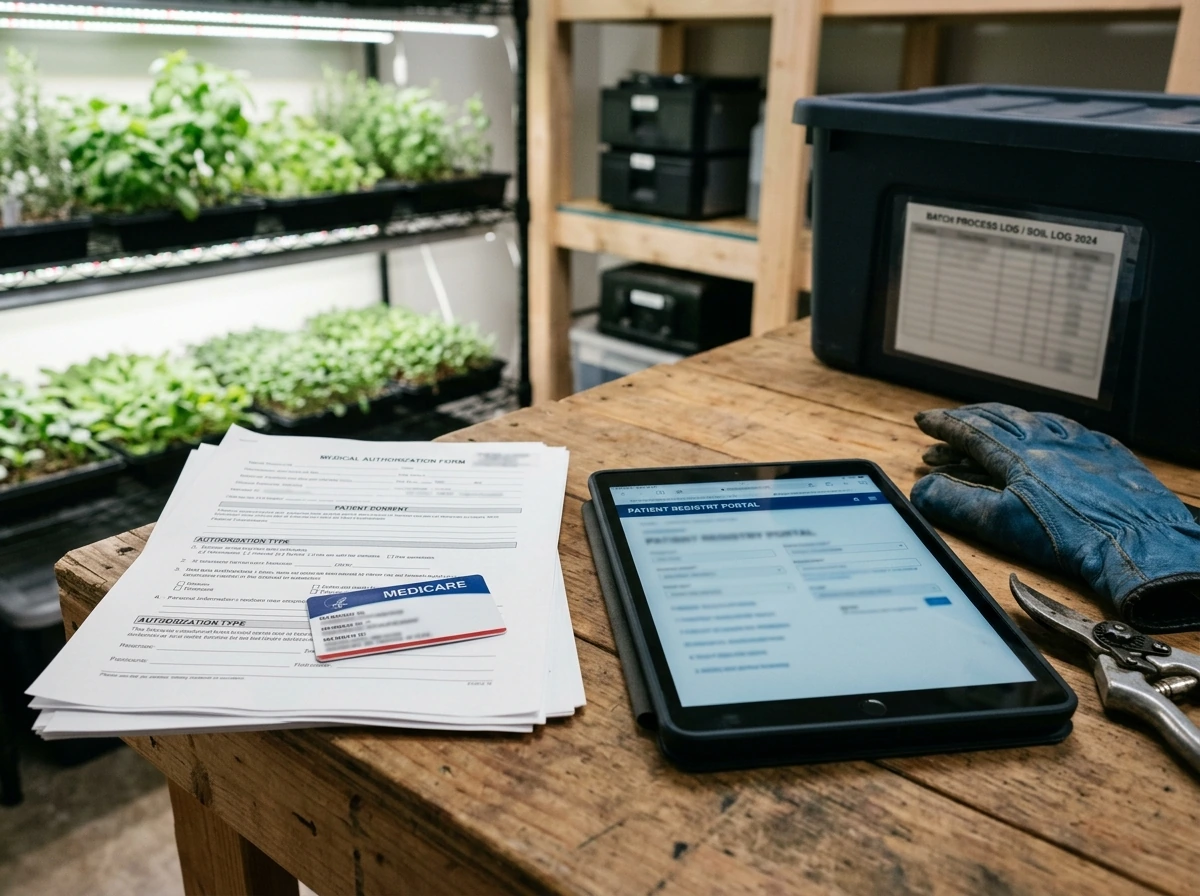 Medical authorization documents and registry checklist beside home grow tools