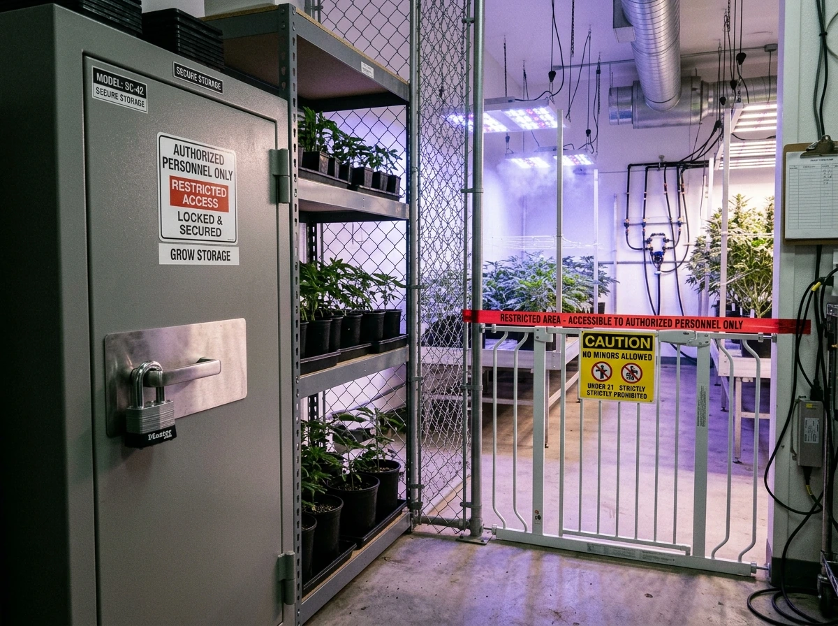 Locked cabinet and secured indoor area for home grow compliance