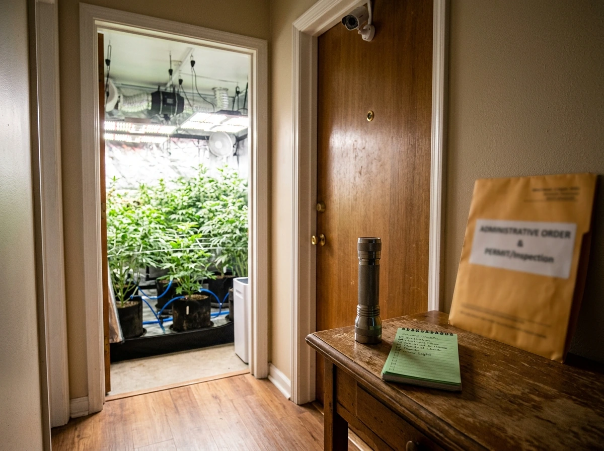 Doorway view with checklist and blurred warrant-like folder for inspection rules
