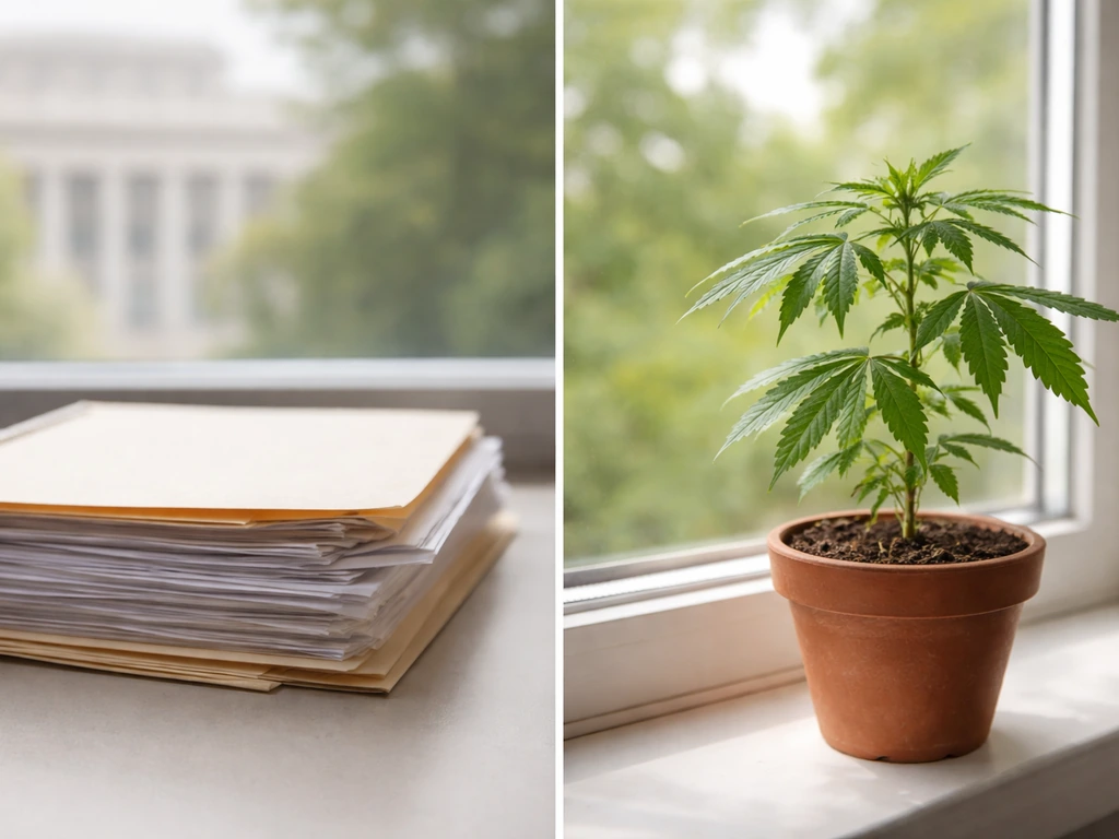 Minimal photo of a government-style document folder and a small cannabis plant in separate compartments.