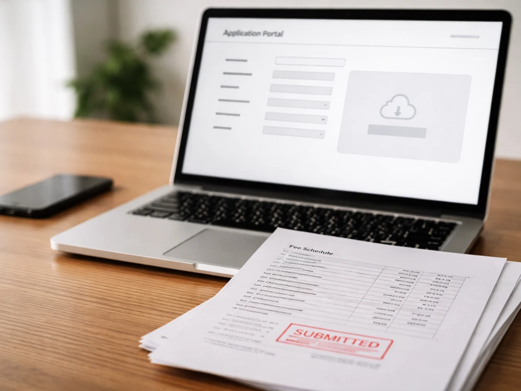 Close-up of a laptop with a portal form and uploaded documents, beside a printed fee schedule marked submitted.
