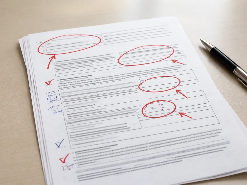 Close-up of an application packet on a desk with blank signature lines and red review marks for omissions.