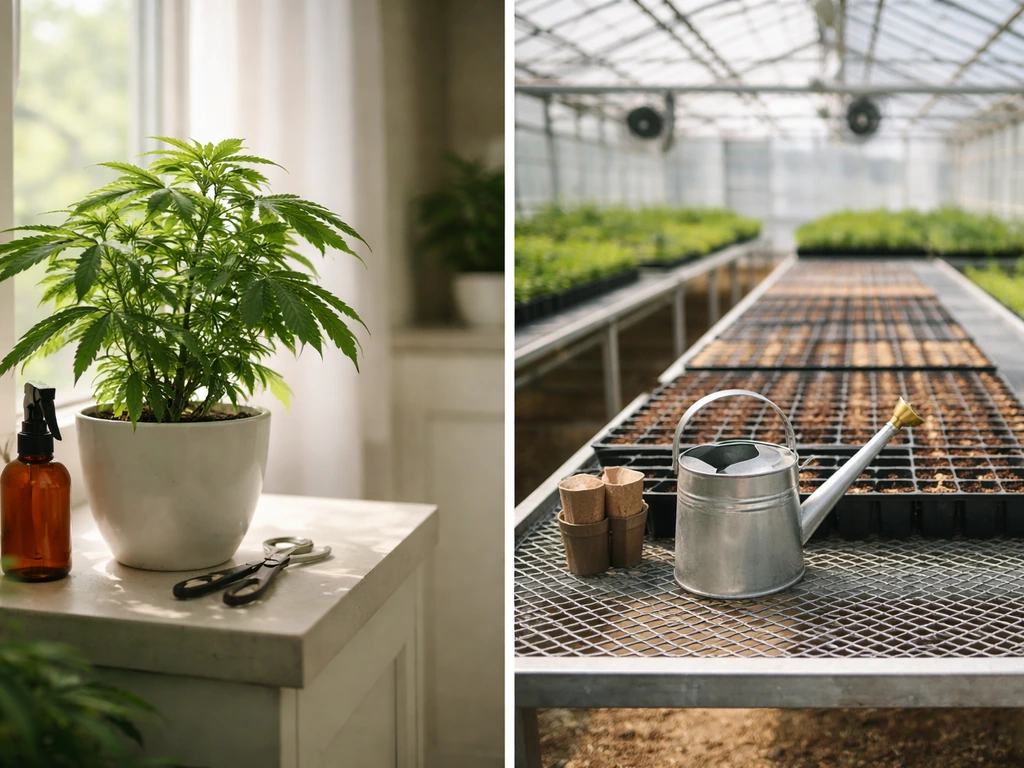 Split image showing indoor plant setup for home/medical on left and greenhouse bench setup for craft/commercial on right